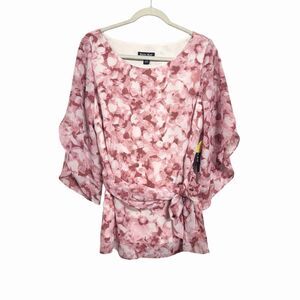 Dana Kay Womens Sz 10 Pink Floral Chiffon Lined Belted 3/4 Sleeve Top Blouse NWT